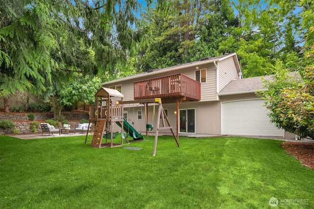 3816 NE 110th St, Seattle, WA 98125 - back of house featuring a lawn, a playground, an attached garage, and a deck