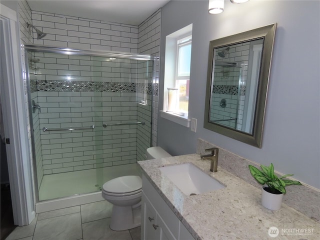 417 Riviera St SW, Ocean Shores, WA 98569 - full bath with vanity, a shower stall, toilet, and tile patterned floors