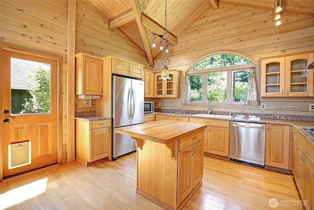 1051 Lightning Way, Camano Island, WA 98282 - kitchen with stainless steel appliances, a sink, butcher block countertops, wooden ceiling with exposed beams, and light wood-type flooring