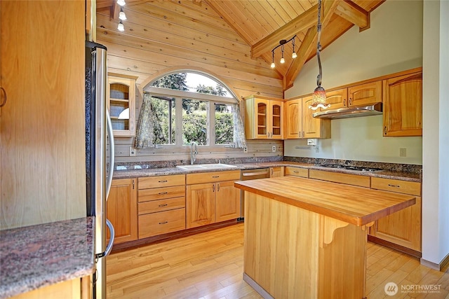 1051 Lightning Way, Camano Island, WA 98282 - kitchen featuring a sink, appliances with stainless steel finishes, under cabinet range hood, light wood-type flooring, and wooden ceiling with exposed beams
