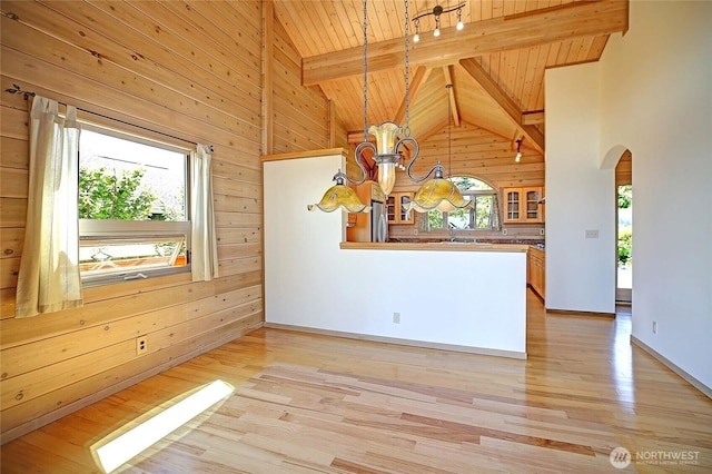 1051 Lightning Way, Camano Island, WA 98282 - unfurnished room with arched walkways, light wood-style floors, a sink, wooden walls, and a chandelier