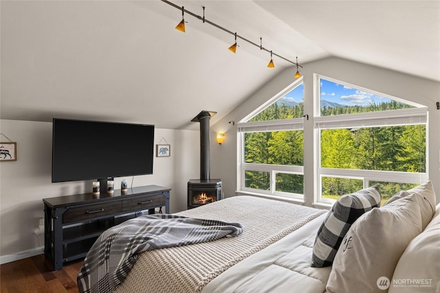1751 Stone Ridge Dr, Cle Elum, WA 98922 - bedroom with lofted ceiling, dark wood-style flooring, baseboards, and a wood stove
