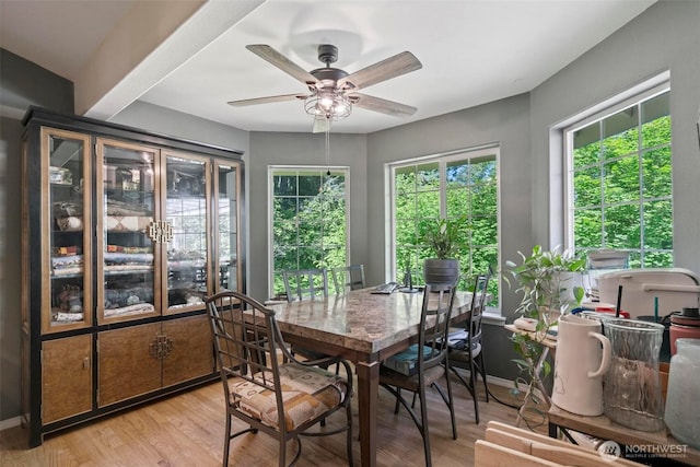 17943 Clear Lake Blvd SE, Yelm, WA 98597 - dining area featuring light wood finished floors, a ceiling fan, and baseboards
