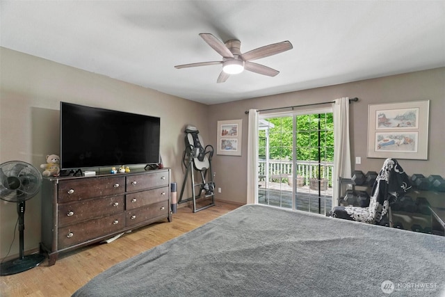 17943 Clear Lake Blvd SE, Yelm, WA 98597 - bedroom featuring access to exterior, light wood-type flooring, baseboards, and ceiling fan