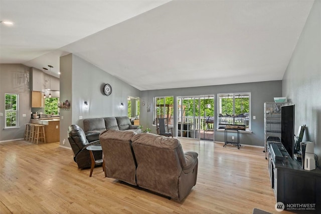 17943 Clear Lake Blvd SE, Yelm, WA 98597 - living room featuring light wood finished floors, lofted ceiling, and baseboards