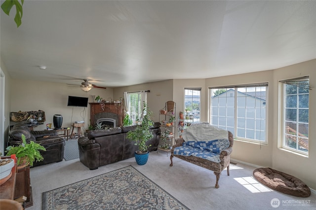 1722 Lincoln Park Cir, Wenatchee, WA 98801 - carpeted living room featuring ceiling fan and a fireplace