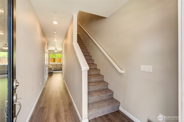 8605 E Gilman Ave, Arlington, WA 98223 - stairs featuring wood finished floors, recessed lighting, and ceiling fan