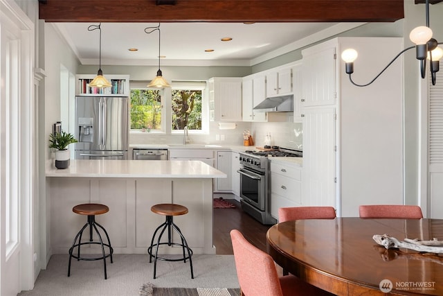 14830 Glen Acres Rd SW, Vashon, WA 98070 - kitchen featuring stainless steel appliances, under cabinet range hood, a peninsula, a sink, and white cabinetry