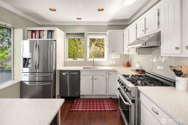 14830 Glen Acres Rd SW, Vashon, WA 98070 - kitchen featuring appliances with stainless steel finishes, a sink, under cabinet range hood, light countertops, and recessed lighting