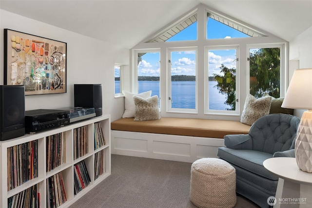 14830 Glen Acres Rd SW, Vashon, WA 98070 - sitting room featuring a water view, carpet floors, healthy amount of natural light, and vaulted ceiling