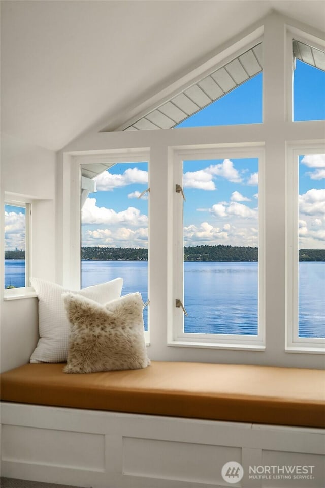 14830 Glen Acres Rd SW, Vashon, WA 98070 - living area featuring vaulted ceiling and a water view