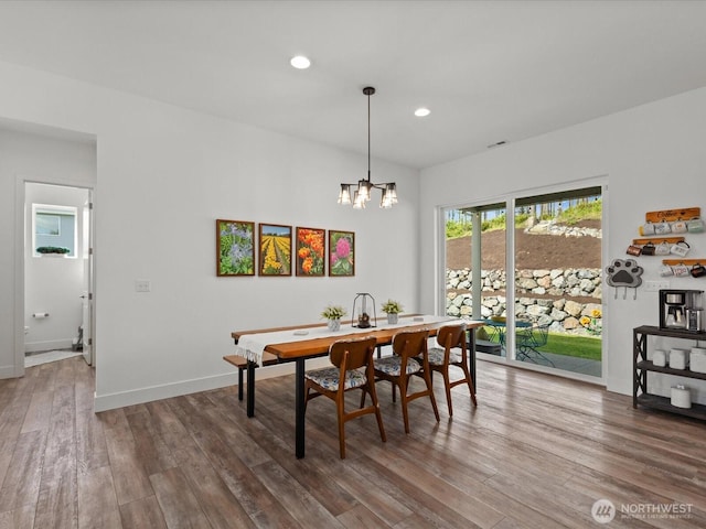 14505 117th St NE, Lake Stevens, WA 98258 - dining space with dark wood-type flooring, a chandelier, recessed lighting, and baseboards