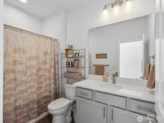 14505 117th St NE, Lake Stevens, WA 98258 - full bath with vanity, toilet, wood finished floors, and a shower with shower curtain