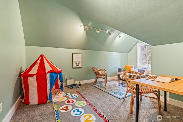 33025 129th Way SE, Auburn, WA 98092 - playroom with carpet floors, lofted ceiling, baseboards, a textured ceiling, and rail lighting