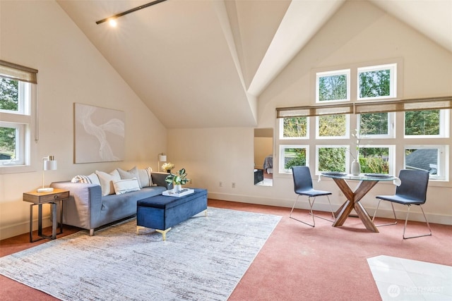 33025 129th Way SE, Auburn, WA 98092 - living area featuring high vaulted ceiling, carpet flooring, and baseboards
