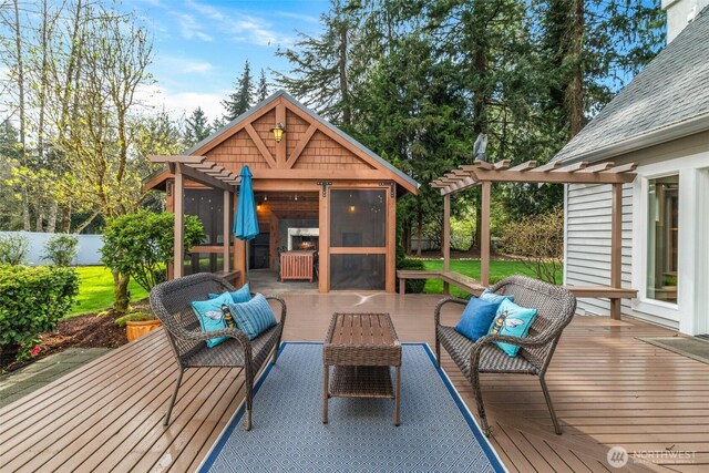 33025 129th Way SE, Auburn, WA 98092 - deck featuring an outdoor hangout area, a pergola, and an outbuilding
