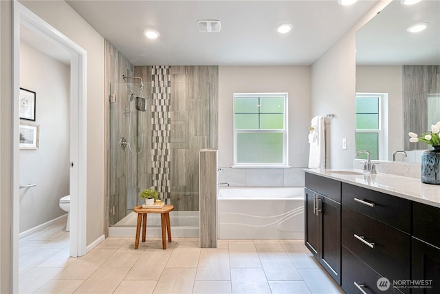 14126 SE 240th Pl, Kent, WA 98042 - full bathroom with a bath, vanity, a stall shower, toilet, and tile patterned floors