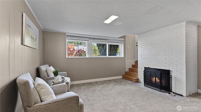 3953 153rd Ave SE, Bellevue, WA 98006 - living area featuring carpet, stairs, a brick fireplace, and baseboards