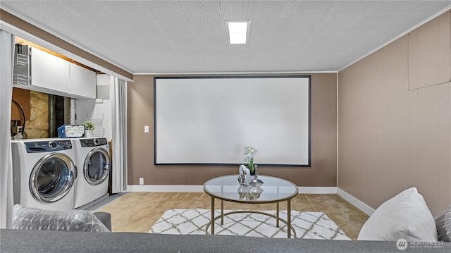 3953 153rd Ave SE, Bellevue, WA 98006 - carpeted home theater featuring washer and clothes dryer and baseboards