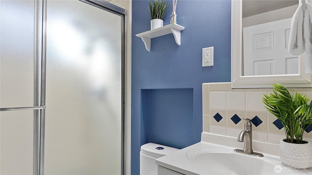 3953 153rd Ave SE, Bellevue, WA 98006 - bathroom with backsplash, toilet, a stall shower, and vanity