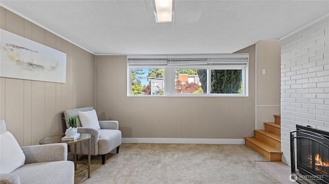 3953 153rd Ave SE, Bellevue, WA 98006 - living area with heating unit, light colored carpet, stairway, a fireplace, and baseboards