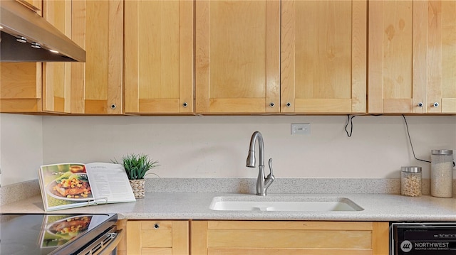 3953 153rd Ave SE, Bellevue, WA 98006 - kitchen with light brown cabinets, under cabinet range hood, black dishwasher, and a sink