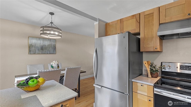 3953 153rd Ave SE, Bellevue, WA 98006 - kitchen featuring appliances with stainless steel finishes, ventilation hood, light wood-style floors, pendant lighting, and light stone counters