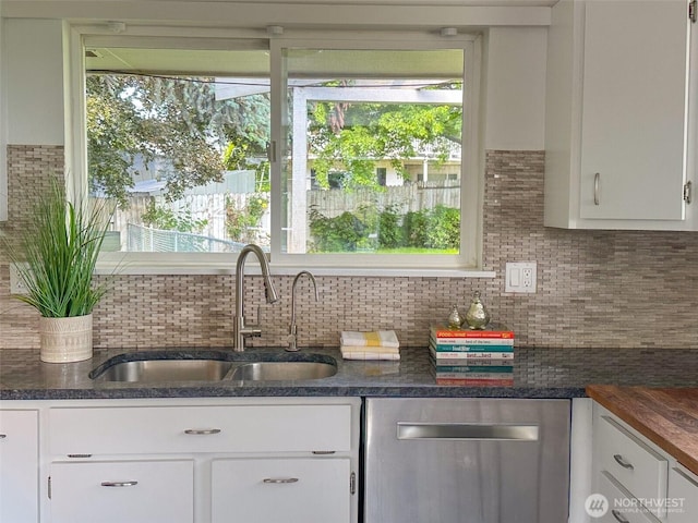 415 Snow Mass Ln, Yakima, WA 98908 - kitchen with a sink, stainless steel dishwasher, tasteful backsplash, and white cabinetry