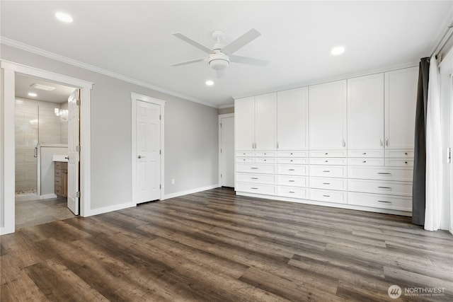 415 Snow Mass Ln, Yakima, WA 98908 - unfurnished bedroom featuring crown molding, recessed lighting, baseboards, dark wood finished floors, and ensuite bathroom