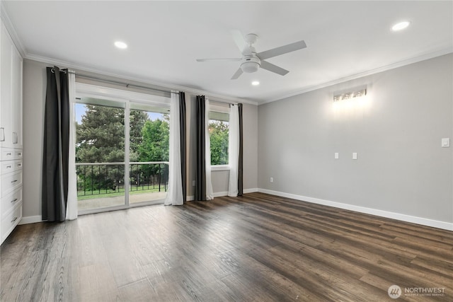 415 Snow Mass Ln, Yakima, WA 98908 - spare room with ornamental molding, a ceiling fan, baseboards, wood finished floors, and recessed lighting
