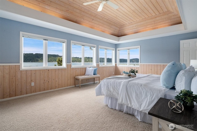 11521 E State Route 106, Union, WA 98592 - carpeted bedroom with wood ceiling, a raised ceiling, a wainscoted wall, wooden walls, and a water view