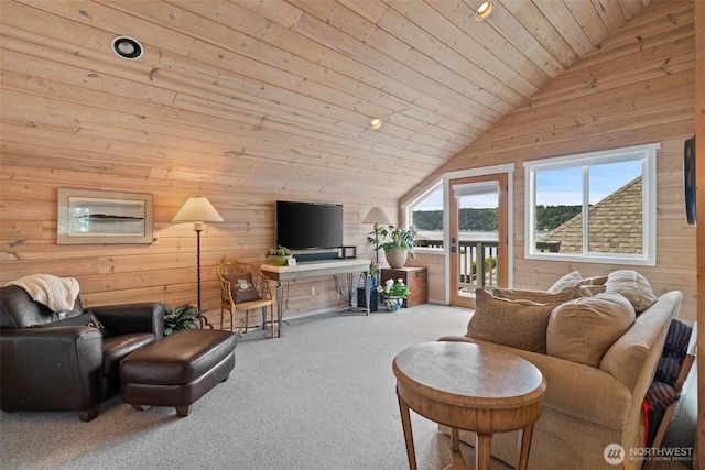 11521 E State Route 106, Union, WA 98592 - living room featuring wood ceiling, vaulted ceiling, wooden walls, and carpet flooring