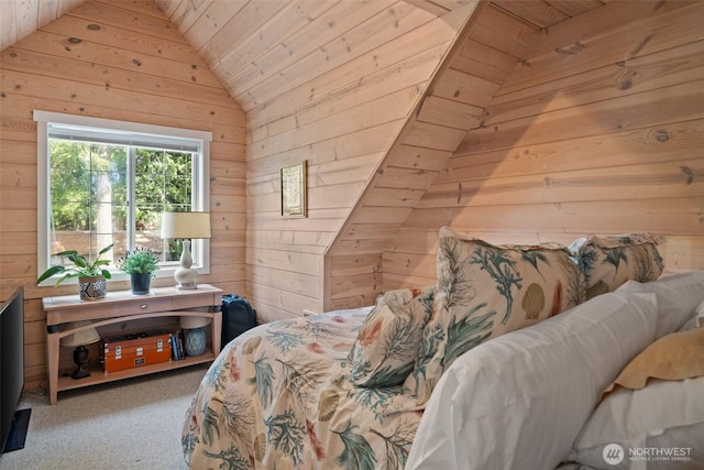 11521 E State Route 106, Union, WA 98592 - bedroom with wooden walls, lofted ceiling, carpet, and wood ceiling