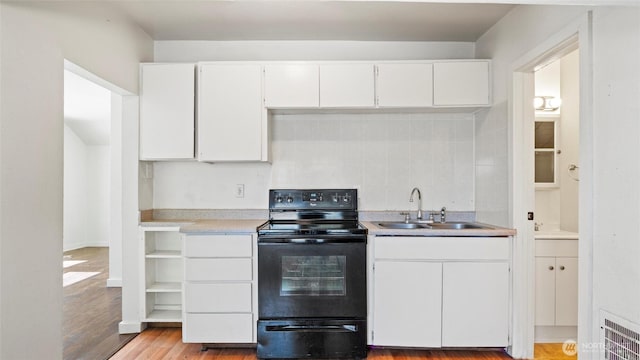 309 E Sumach St, Walla Walla, WA 99362 - kitchen featuring black / electric stove, a sink, light countertops, white cabinets, and light wood finished floors