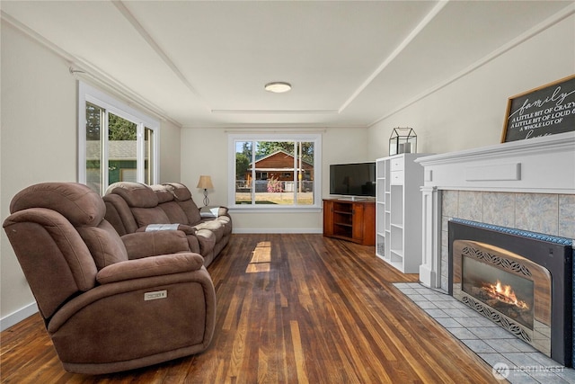 4211 108th Ave E, Edgewood, WA 98372 - living area with wood finished floors, a tile fireplace, and a raised ceiling