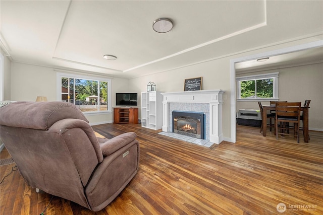 4211 108th Ave E, Edgewood, WA 98372 - living area with a tray ceiling, wood finished floors, a fireplace, and a wall unit AC