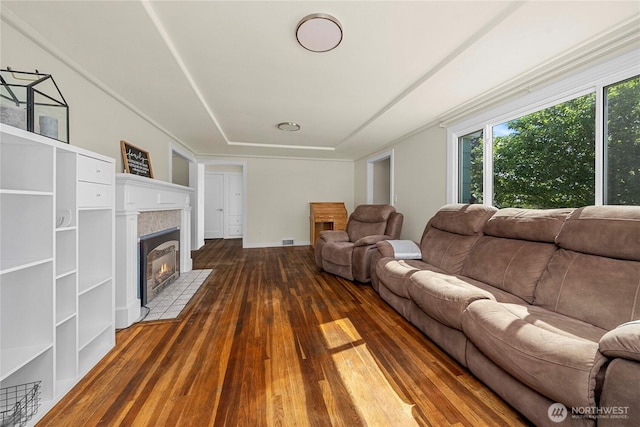 4211 108th Ave E, Edgewood, WA 98372 - living room featuring dark wood finished floors, a raised ceiling, and a fireplace