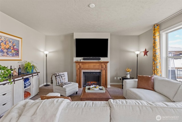 301 K St NE, Quincy, WA 98848 - carpeted living area featuring a textured ceiling, baseboards, and a lit fireplace