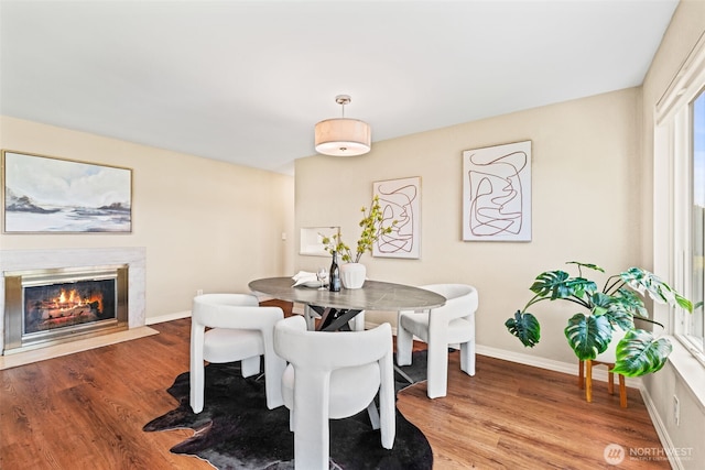 1965 12th Ave W Unit 202, Seattle, WA 98119 - dining area featuring wood finished floors, baseboards, and a premium fireplace