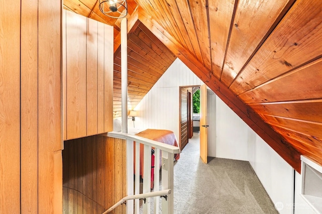 11318 583rd Ave E, Enumclaw, WA 98022 - staircase with carpet flooring, lofted ceiling, wooden ceiling, and wood walls