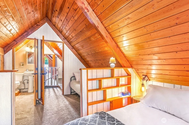 11318 583rd Ave E, Enumclaw, WA 98022 - bedroom with vaulted ceiling, wooden ceiling, carpet floors, and connected bathroom