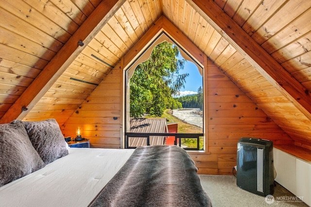 11318 583rd Ave E, Enumclaw, WA 98022 - carpeted bedroom with wood ceiling, wood walls, and lofted ceiling