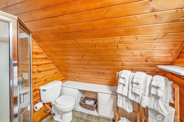 11318 583rd Ave E, Enumclaw, WA 98022 - bathroom with wooden ceiling, toilet, a shower stall, vaulted ceiling, and wood walls