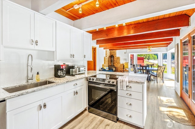 11318 583rd Ave E, Enumclaw, WA 98022 - kitchen with electric stove, a wood stove, a sink, a peninsula, and light wood finished floors