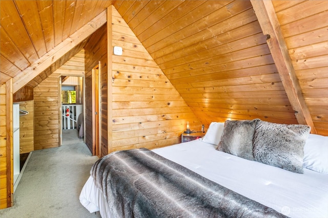 11318 583rd Ave E, Enumclaw, WA 98022 - bedroom with wooden ceiling, vaulted ceiling, wood walls, and carpet