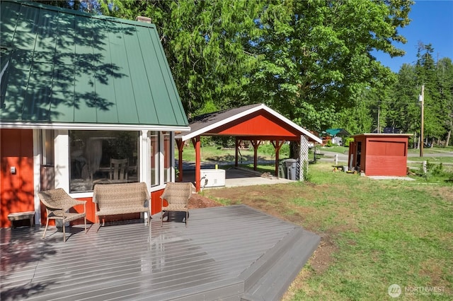 11318 583rd Ave E, Enumclaw, WA 98022 - deck featuring a gazebo, a lawn, and an outbuilding