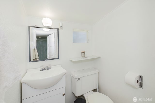 2395 SE Salmonberry Rd, Port Orchard, WA 98366 - bathroom with toilet, vanity, and ornamental molding