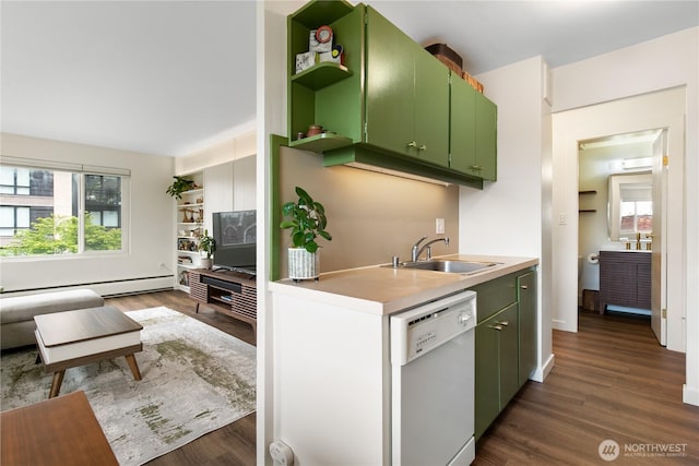 1200 Boylston Ave Unit 505, Seattle, WA 98101 - kitchen featuring white dishwasher, green cabinets, a sink, and open shelves