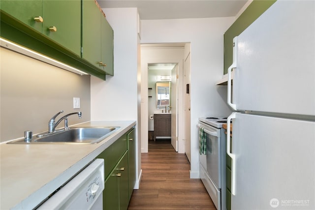 1200 Boylston Ave Unit 505, Seattle, WA 98101 - kitchen featuring white appliances, green cabinets, a sink, and dark wood-style floors