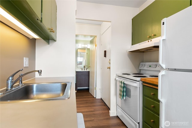 1200 Boylston Ave Unit 505, Seattle, WA 98101 - kitchen with green cabinetry, white appliances, under cabinet range hood, a sink, and dark wood-type flooring